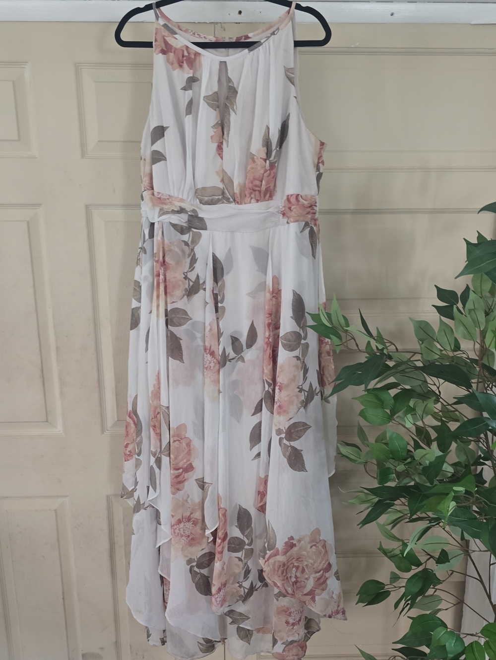 R & M Richards White High-Low Dress with Pink Rose Print